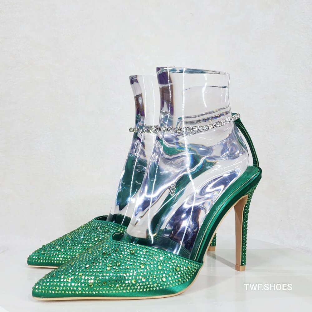 Simply Sexy Slip on Ankle Bracelet Green Rhinestone Pointy Toe High Heels - Picture 9 of 11